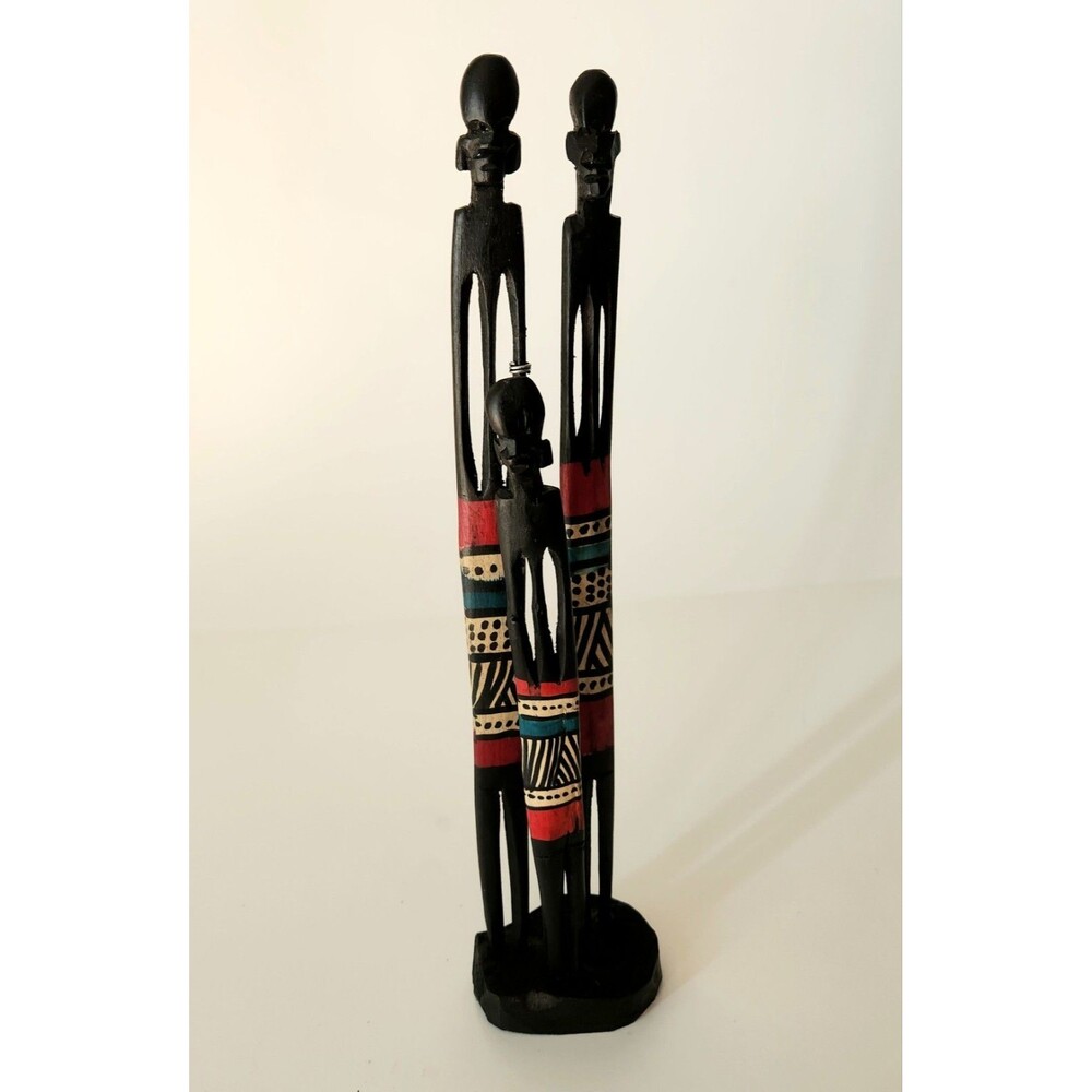 VTG Hand Carved Wood African Maasai Sculpture Group Of 3 Thin 11 3/4" Tribal #03